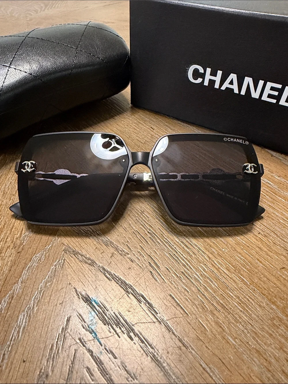 CHANEL Oversized Black Square Sunglasses with Silver CC Accents